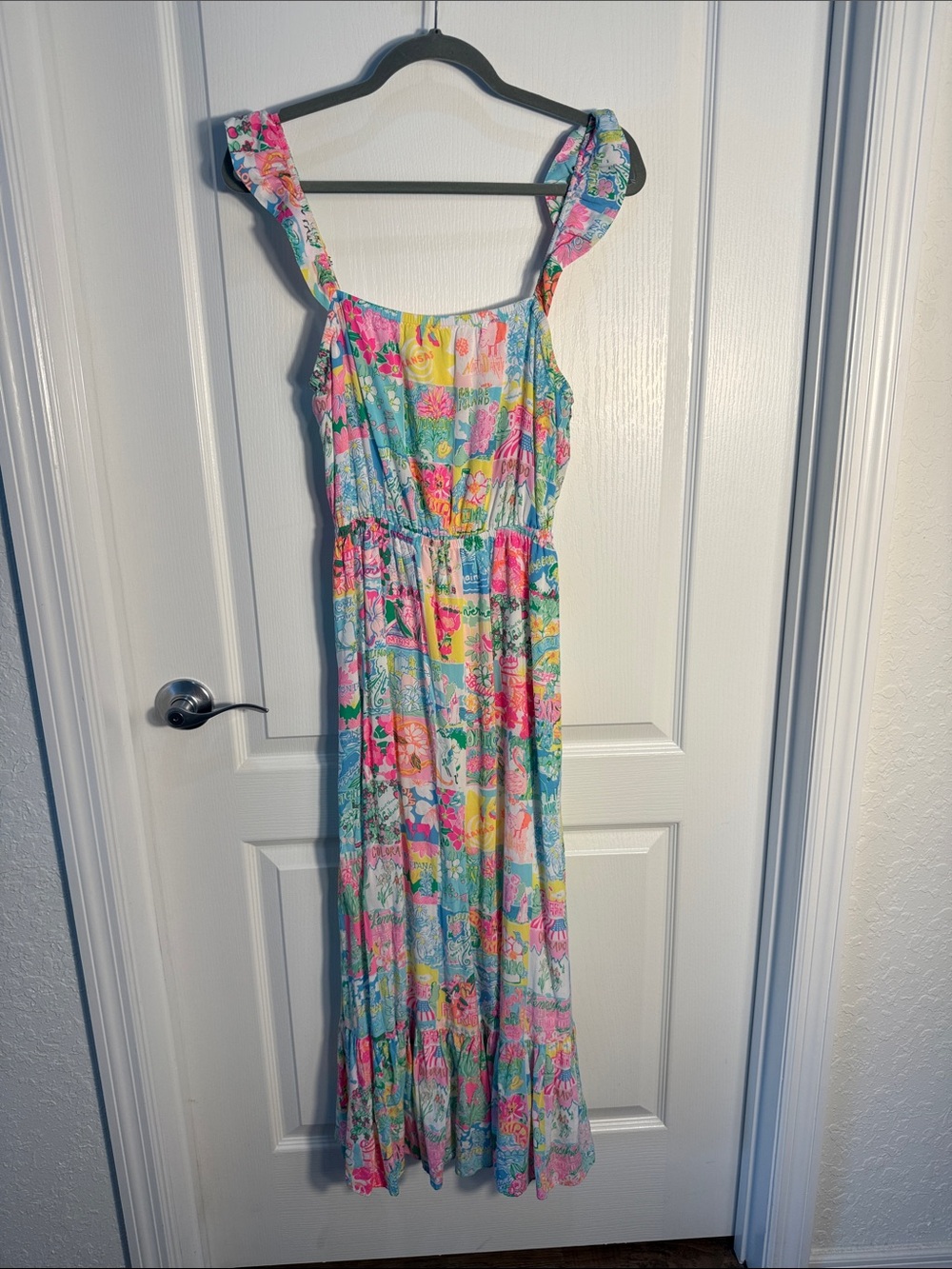 Lilly Pulitzer Pink, Aqua & Yellow States Travel Floral Maxi Dress Size M